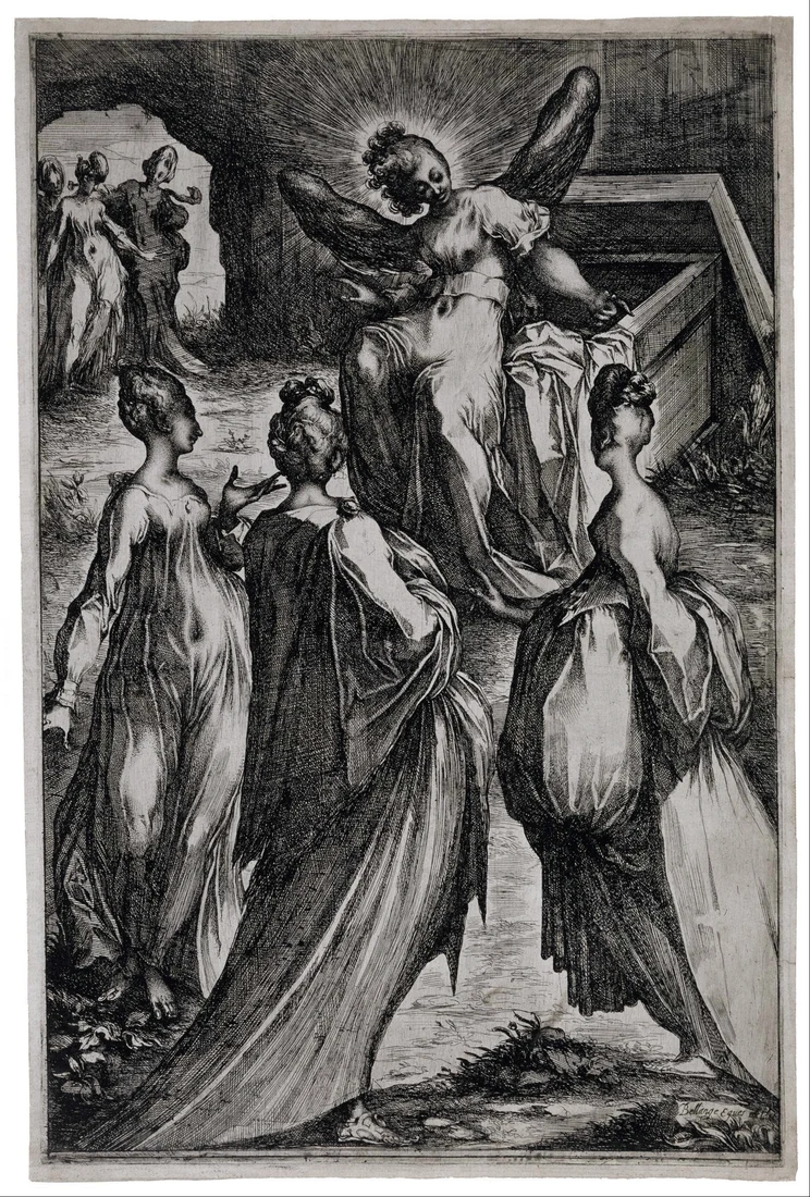Etching of the holy women arriving at the open sepulchre and finding it empty, by Jacques Bellange.
